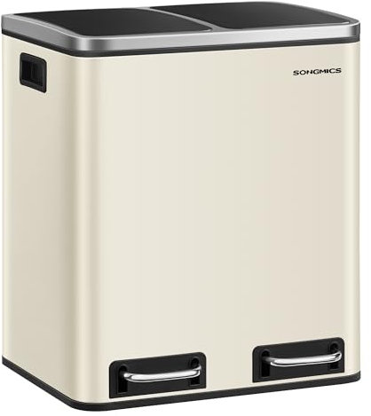 SONGMICS Poubelle Cuisine, 2 x 15L, Poubelle Tri, avec Pédale, 2 Compartiments, 15 Sacs Poubelles, Seaux Intérieurs, Couvercles en Douceur, en Acier, Beige Sable et Noir d'Encre LTB30A02