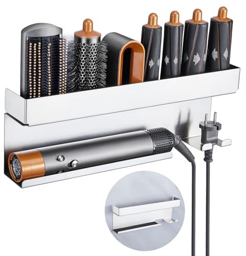 YYBO Föhnhalter Wand Ohne Bohren, Glätteisen Halterung, Föhn Halterung für Glätteisen Lockenstab Styler Zubehör, Fönhalter Wandhalterung, Fönhalterung Bad (Silber)