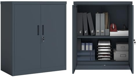 STEELSØN Regulus Aktenschrank abschließbar, Mehrzweckschrank Metall mit 2 Ebenen, Werkzeugschrank mit Doppeltüren inkl. Schloss und Verstellbarer Ablage,Aufbewahrungsschrank anthrazit