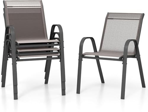 COSTWAY Lot de 2/4 Chaises de Jardin Exterieures avec Cadre en Métal, Chaise de Salle à Manger Empilable en Tissu Respirant, Fauteuil d'Extérieur pour Cour, Balcon, Piscine, Charge 150 KG (Gris,4)