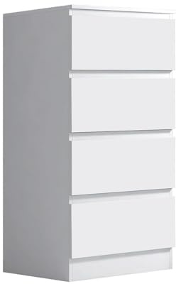 FWStyle Carlton Matt White 4 Drawer Chest of Drawers, Modern Tall Bedroom Storage Cabinet with Handle-Free Design, Smooth Roller Glides and Scratch Resistant Finish, H99 x W40 x D40 cm