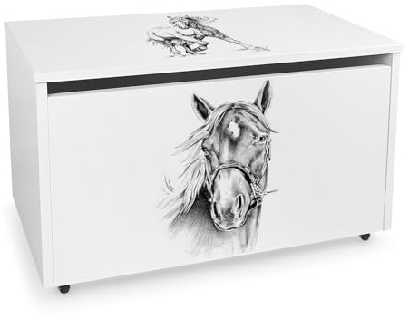 Leomark Coffre de Rangement pour Enfants - Cheval - Organisateur à jouets en bois, Conteneur à jouets, banc sur roulettes, Dimensions: L 71 x P 40 x H 46 cm