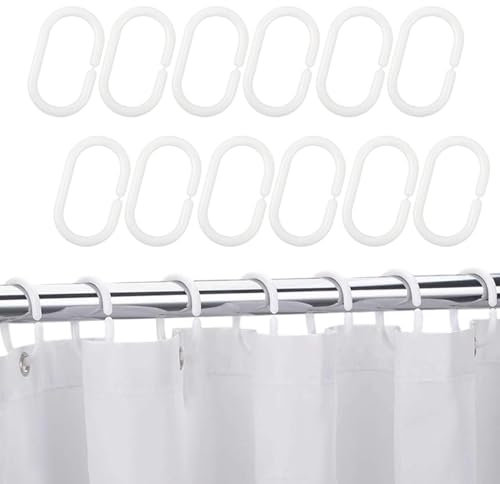 12 Stück Duschvorhangringe, Duschringe für Duschvorhangstangen,Aus Stabilem Kunststoff Duschvorhang Ringe,Duschvorhang Haken Weiß Ringe in C-Form für Zuhause Hotel, Badezimmer, Dusche(Color:Weiß)
