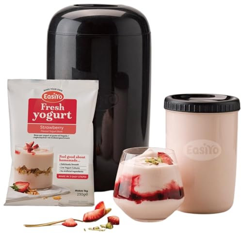 EasiYo Joghurtbereiter Starter-Set Schwarz 1 kg | Inklusive EasiYo Erdbeer-Joghurtbeutel