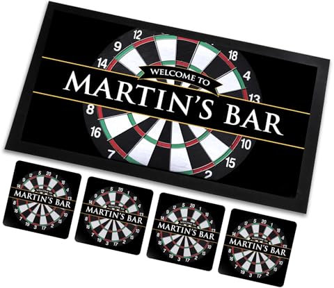 Alfombrilla de bar personalizable, alfombrilla de cerveza con tablero de dardos – Juego de 4 posavasos a juego – Accesorios de bar para el hogar para bares de pub, regalo novedoso para sala de juegos