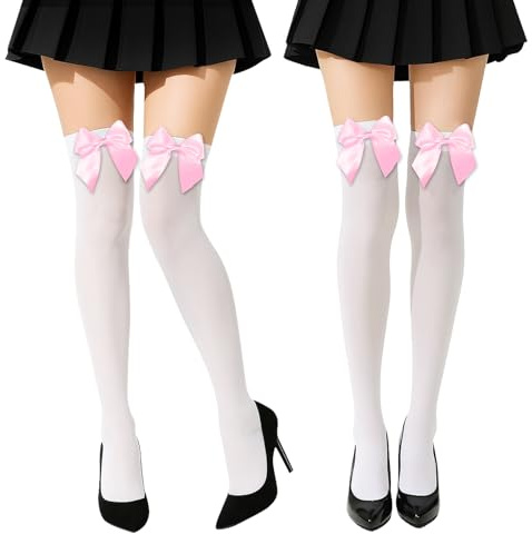 wlertcop 4 Pair White Knee High Socks with Pink Satin Bow, Long Socks for Women Over The Knee for Oktoberfest, Christmas, Halloween Girls, Women Valentine's Day Favors