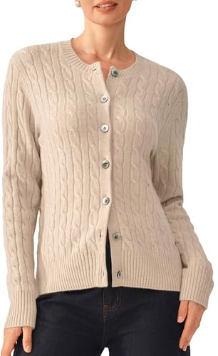 KVSS 100% Pure Cashmere Cardigan for Women Cable-Knit Crewneck Button Up Cardigan Sweaters | Luxury from Inner Mongolia