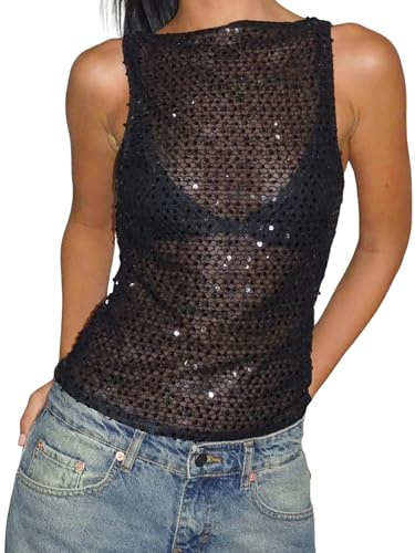 Women Sparkly Sequin Tank Top Sexy Glitter Sleeveless See Through Summer Vest Cropped Slim Fit Party Club Tops (A-Black, M)