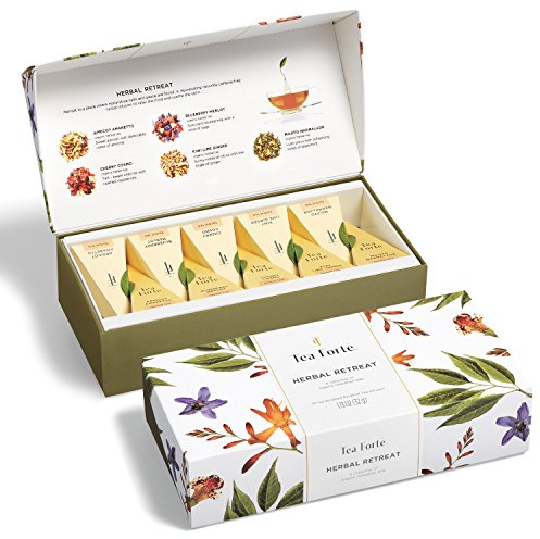 Tea Forte Premium Petite Presentation Box Gift Set Sampler, 10 Count, 2 of Each Blend Individually Wrapped Handcrafted Pyramid Infuser Bags, Gifts for Mom, Herbal Retreat Tea