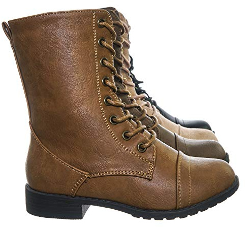 Forever Link Womens Mango Round Toe Military Lace up Knit Ankle Cuff Low Heel Combat Boots Tan 8.5 B(M) US