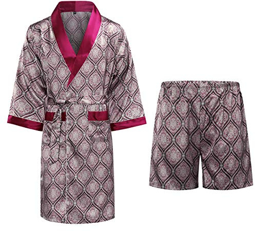 Allthemen Men's Nightgown Summer Thin Print Pajamas Home Sleepwear Long-sleeved Bathrobe Shorts Two-piece Set Type 7 XXL