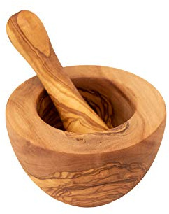 Benera - Set di mortaio e pestello in legno d'ulivo, circa 12 cm di diametro