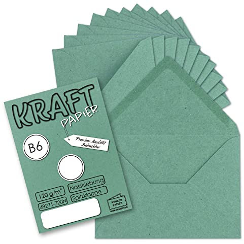 50x Vintage Briefumschläge in Eukalyptus (grün) DIN B6 125 x 178 mm Kraftpapier 120 g/m² Recycling Nassklebung Spitzklappe - UmWelt by GUSTAV NEUSER