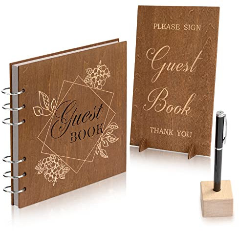 Creawoo Wooden Wedding Guest Book with Table Sign, Pen & Holder, Memory Signature Guestbook with 90 White Pages for Wedding Reception, Anniversary, Birthday Party