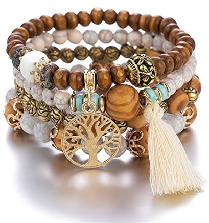 GAUEIOUR Boho Multi-Layer Wooden Beaded Bracelet, Elastic Tassel Bracelet - Tree Of Life Design, Women's Pack Of 4
