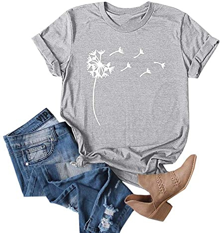 Cicy Bell T-shirts à imprimé pissenlit pour femme - T-shirts graphiques mignons à col rond et manches courtes - T-shirts d'été en coton