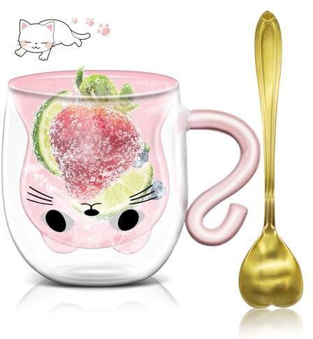 Afitdon Graziosa tazza per gatti a doppia parete, con motivi di gatto con cucchiaio, regalo per gli amanti dei gatti, 280 ml, per cappuccino, latte macchiato, tè, gelato e latte (rosa)