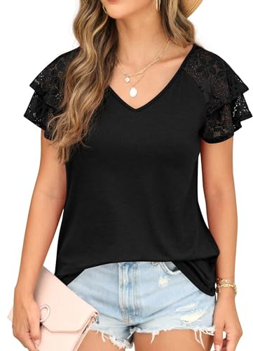 QIXING Women's Summer Tops Short Sleeve Blouses Double Lace Ruffle V Neck Ladies T Shirts Tunic Tops for Women UK(Black,M)