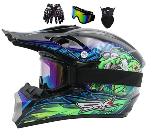 Youth Motocross Helmet, Kid Motorbike Helmet MX Quad ATV Sports Enduro Crash Dirt Bike Helmet, Adult Full-Face Off Road Motorcycle Crash Helmet, with Goggles Mask Gloves ( Color : Green , Size : L(56-