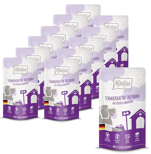MjAMjAM - Premium Nassfutter für Hunde - Quetschie - schmackhafter Truthahn an leckeren Möhrchen, 12er Pack (12 x 125g), getreidefrei mit extra viel Fleisch