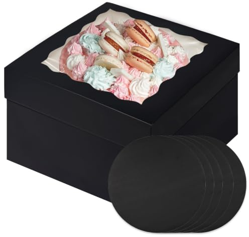Gcardist 12x12x8 Inch Cake Box, 5 Sets Black Cake Box with Window & 5 Sets 12 Inch Black Cake Round Boards, Cake Containers(30.5x30.5x20.3cm)