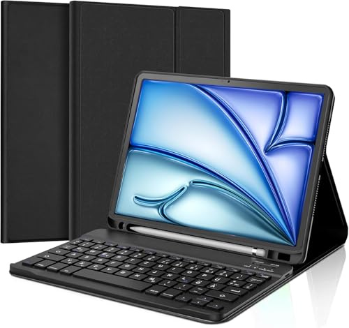 KTOITION Hülle mit Tastatur für iPad Air 13 Zoll M4/M3/M2 (2025/2024), Magnetisch Abnehmen Bluetooth Tastatur mit Pencil Stifthalter, QWERTZ Layout, Schwarz