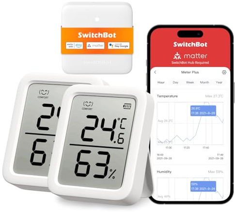 SwitchBot Thermometer Hygrometer Innen 2 Pack with Hub Mini Matter, Bluetooth Hygrometer Digital Temperatur Feuchtigkeit Sensor mit APP & Datenspeicherung, Taupunkt/VPD/Absolute Feuchtigkeitssensor