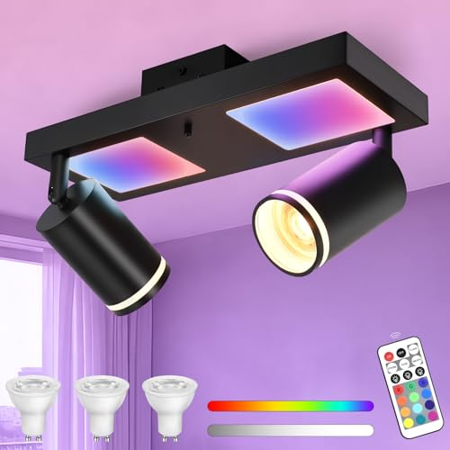 YindaLux Lámpara Techo Focos Giratorios GU10, RGB 17W 2300LM Foco de Techo con Mando a Distancia, Negro Plafón de con 2 Focos con Luz Inferior 7W+2x5W GU10 para Salon