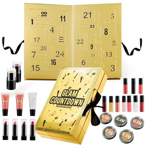 KreativeKraft Adventskalender 2025 dam flicka smink eller hudvårdsprodukter set nedräkning jul adventskalender presenter till henne (guld)