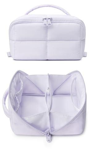 Comfyable Puffy Makeup Bag for Women, Compact Cosmetic Organiser for Girl, Cute Lightweight Travel Pouch, Open Flat Water-Repellent Make Up Bag, Lavender
