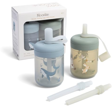 Moonkie Pipmugg Baby med Sugrör i Silikon, 2-pack Barnmugg 150 ml från 6 Månader, Spillfri Mugg med 2 Sugrör för Olika Flöden, Lock och Måttmarkeringar, BPA-fri, Tål Diskmaskin