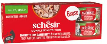 Schesir, Atún con Gambas en Gelatina, Comida Húmeda Completa para Gatos, en Latas, Con Vitaminas Añadidas, 100% Natural, 6 x 85g