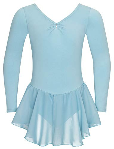 tanzmuster ® Ballettkleid Mädchen Langarm - Anna - aus weichem Baumwollstoff mit Glitzersteinen und Chiffon Röckchen fürs Kinder Ballett Ballettbodyin hellblau, Größe:128/134