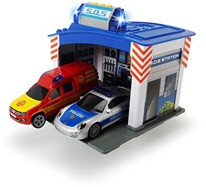 Dickie Toys 203713003 - Rescue Station, Rettungswache mit Polizei- und Feuerwehrauto inklusive Batterien, 15 cm