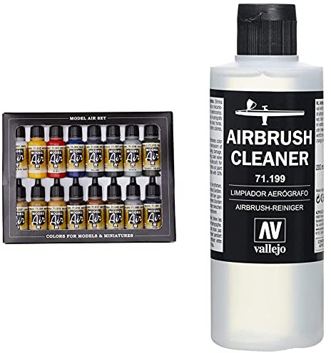 Vallejo Model Air Set - Set de pintura acrílica (16 unidades), multicolor + 71.199, Limpiador Aerógrafo - 200 ml