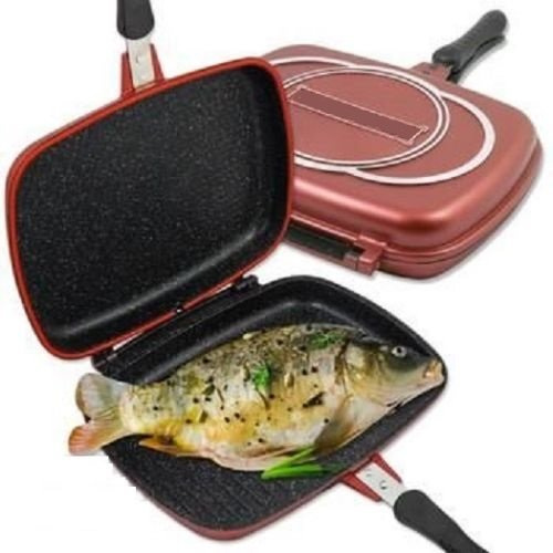 DOPPIA PIASTRA PENTOLA GRIGLIA INDUZIONE RIVESTIMENTO EFFETTO PIETRA ANTIADERENTE MULTIUSO PER GRIGLIATE CARNE PESCE UOVA E TANTO ALTRO 34CM MOD RL-DF34M
