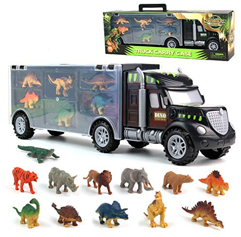 Akokie Dinosaur Toys for Boys Girls - Kids Toys Transport Carrier Truck with Dinosaur Animals Toy 12 Pcs Double Side Storage Set Birthday for Kids Boys Girls 3 4 5 6 Years Old