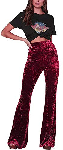 Vintage Women High Waist Gold Velvet Bell Trousers Ladies Wide Leg Flare Long Pants Evening Party Wear