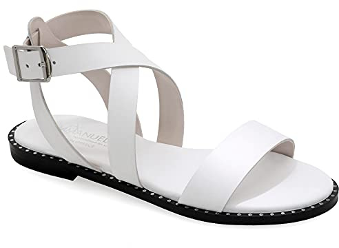 Emmanuela - Sandalias planas de piel cómodas, estilo griego antiguo con correa al tobillo, zapatos de verano para mujer, sandalias de tiras con puntera abierta, sandalias boho chic, Blanco, 38 EU