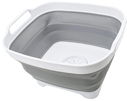 SAMMART 7,5L zusammenklappbare Spülschüssel mit Ablassstopfen – klappbares Waschbecken – tragbare Spülwanne – platzsparend (Weiß/Grau, 1)