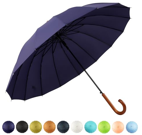 SoulRain 16 Ribs 48 Stick Umbrella Auto Open Solid Color Fashionable and Simple，Arc Classic Wood Handle，Windproof Unbreakable Stick Rain Umbrella (Navy Blue)…
