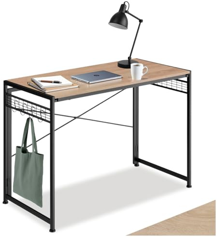 tectake® Industrial Schreibtisch klappbar, Foldable Table, PC Tisch Klapptisch, Arbeitstisch mit 8 Haken, 102 x 51 x 77 cm, Laptop Tisch, Study Table Office Space - Industrial Holz hell, Eiche Sonoma