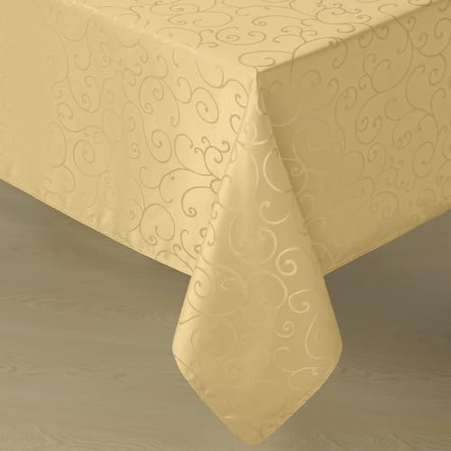 Romanstile Jacquard Rectangle Tablecloth, 52 x 70 Inch, Gold | Waterproof Elegant Damask Curly Floral Pattern Table Cloth Decorative Heavyweight Fabric for Kitchen, Dining, Parties Use