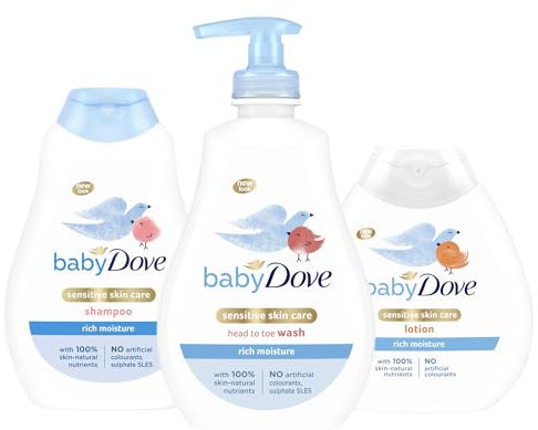 Baby Dove Rich Moisture Baby Care Set – 3-Piece Bundle: Tear-Free Head to Toe Wash (400ml), Gentle Shampoo (400ml), & Moisturising Lotion (200ml) suitable for Sensitive Skin