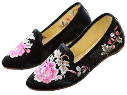 Women Fleece Cotton Fabric Embroidered Ballet Flats Pointed Toe Spring Retro Ladies Casual Slip On Ballerinas Shoes Black 6.5