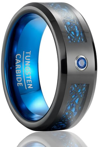SOXEMAN Fascia Guardian Line - Anello Nuziale in Tungsteno Nero Larghezza 8mm con Zirconia Blu (Misura USA) | Nero con Drago Nero Traforato su Base Blu | Misura USA 9 (59,4 mm)