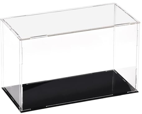 TA-VIGOR Caja expositora acrílica transparente, 25 x 10 x 15 cm, caja de almacenamiento organizadora, soporte a prueba de polvo, escaparate con base negra para almacenamiento de objetos coleccionables
