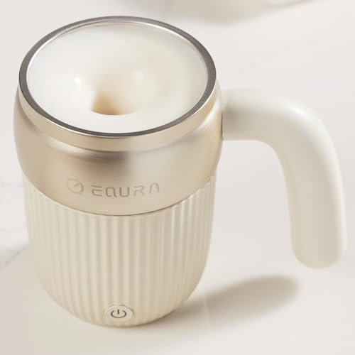 EQURA Selbstrührende Kaffeetasse, 450 ml, wiederaufladbar, automatisch, magnetisch, selbstmischende Kaffeetasse, Edelstahl-Rührbecher für Kaffee/Tee/heiße Schokolade/Milch (weiß)