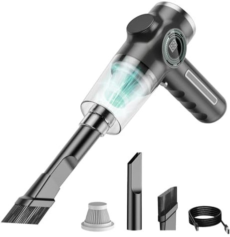 Irishom Aspirapolvere portatile per casa e auto con ugello piatto e a spazzola, display della batteria, schermo digitale, mini aspirapolvere ricaricabile senza fili con filtro riutilizzabile