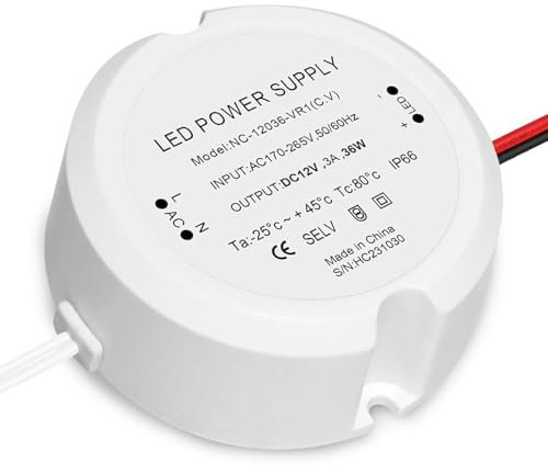 Afenau Transformador LED 12V 36W, IP66, 3A, 170-265V AC a 12V DC, para Iluminación LED Interior y Exterior